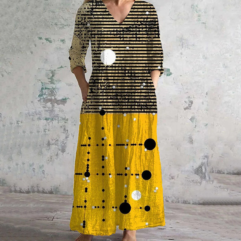 Vintage Irregular Lines With Contrast Colors Art Pattern Women's Linen Dress elevenforest
