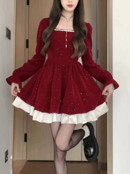 Velvet Mini Dress Square Collar Flare Sleeve Ruffles Patchwork A-line Birthday Party Prom Robe Vestidos Mujer New
