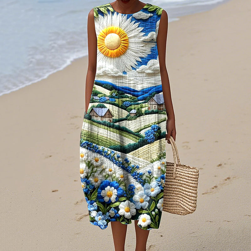 Vintage Loose  Hometown Rural Farm Sunshine Art Sleeveless Cotton And Linen Tank Dress elevenforest