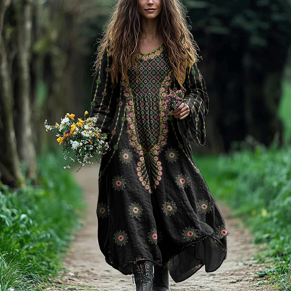 Women's Vintage Tribal Embroidered Linen Dress elevenforest