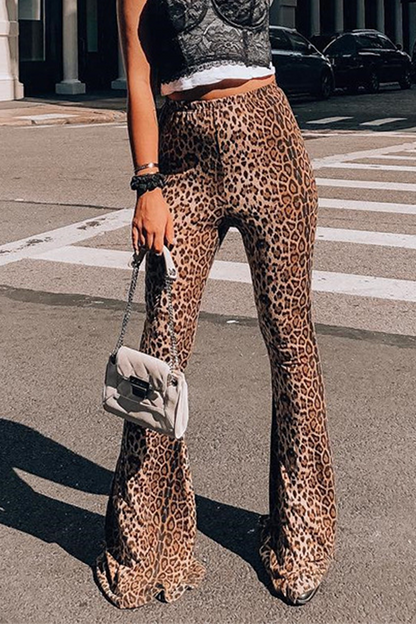 Street Animal Print Leopard Split Joint Basic Boot Cut High Waist Full Print Bottoms