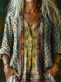 Women's Vintage Ethnic Floral Art Print Casual Cotton Linen Shirt