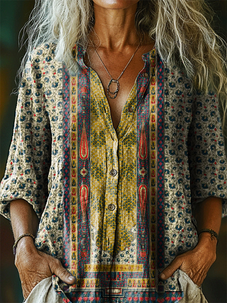 Women's Vintage Ethnic Floral Art Print Casual Cotton Linen Shirt