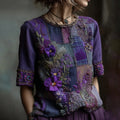 Women's Embroidered Pansy Floral Patchwork Check Short Sleeve T-shirt elevenforest