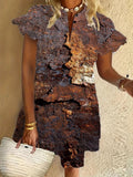 Rust ruffle short-sleeved V-neck button dress holiday beach dress