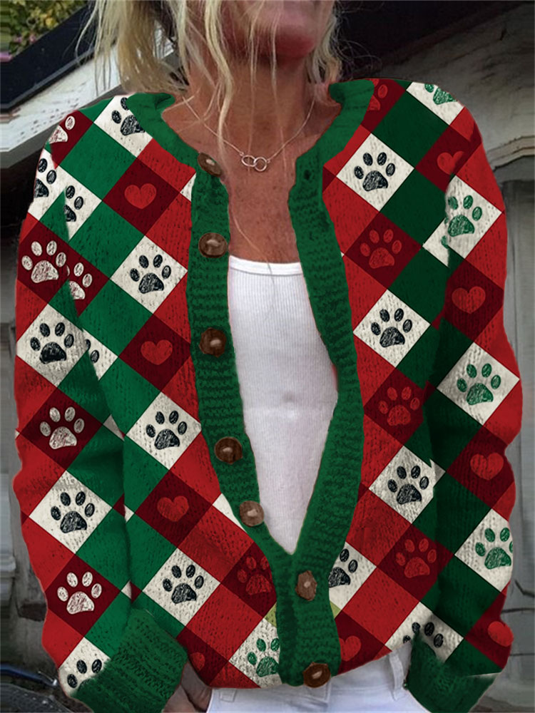 Comstylish Women's Casual Dog Paw Checkered Printed Sweater