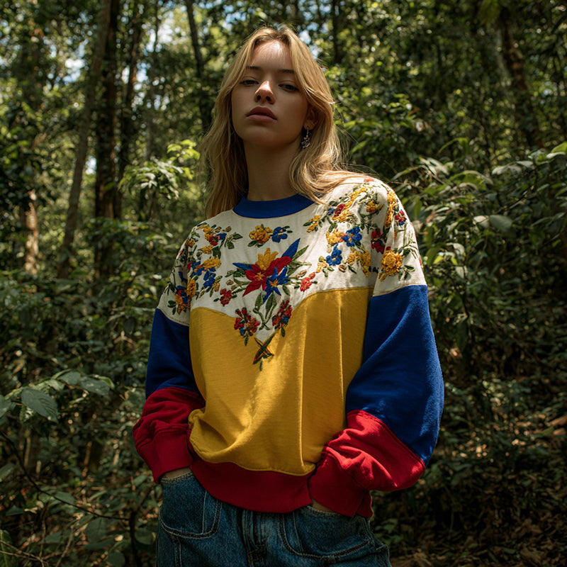 Retro Venezuela Inspired Ethnic Floral Color Blocking Cozy Crew Neck Sweatshirt elevenforest