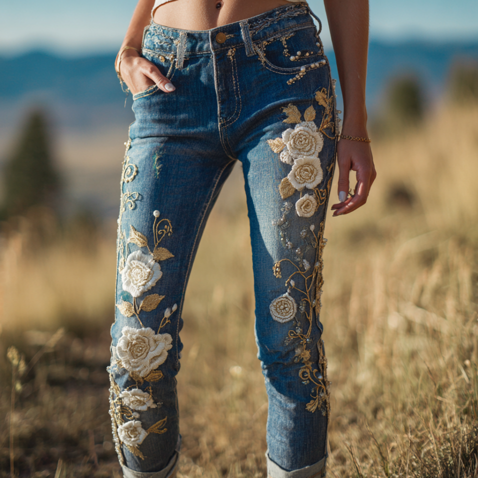 Bohemian Style Women's Plant Flower Embroidery Loose Fit Wide Leg Straight Leg Denim Long Pants elevenforest
