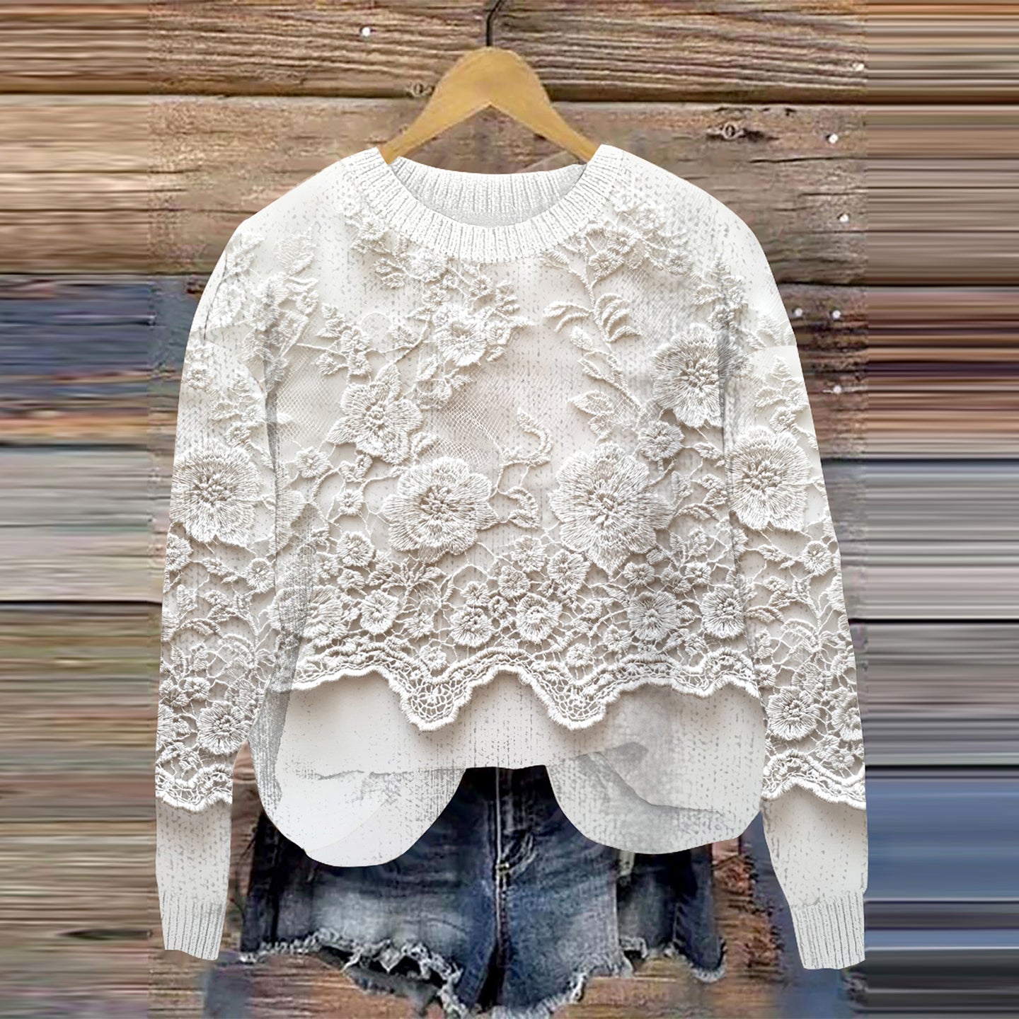 Vintage Floral Embroidery Lace Art Cozy Knit Crew Neck Sweater artswardrobe