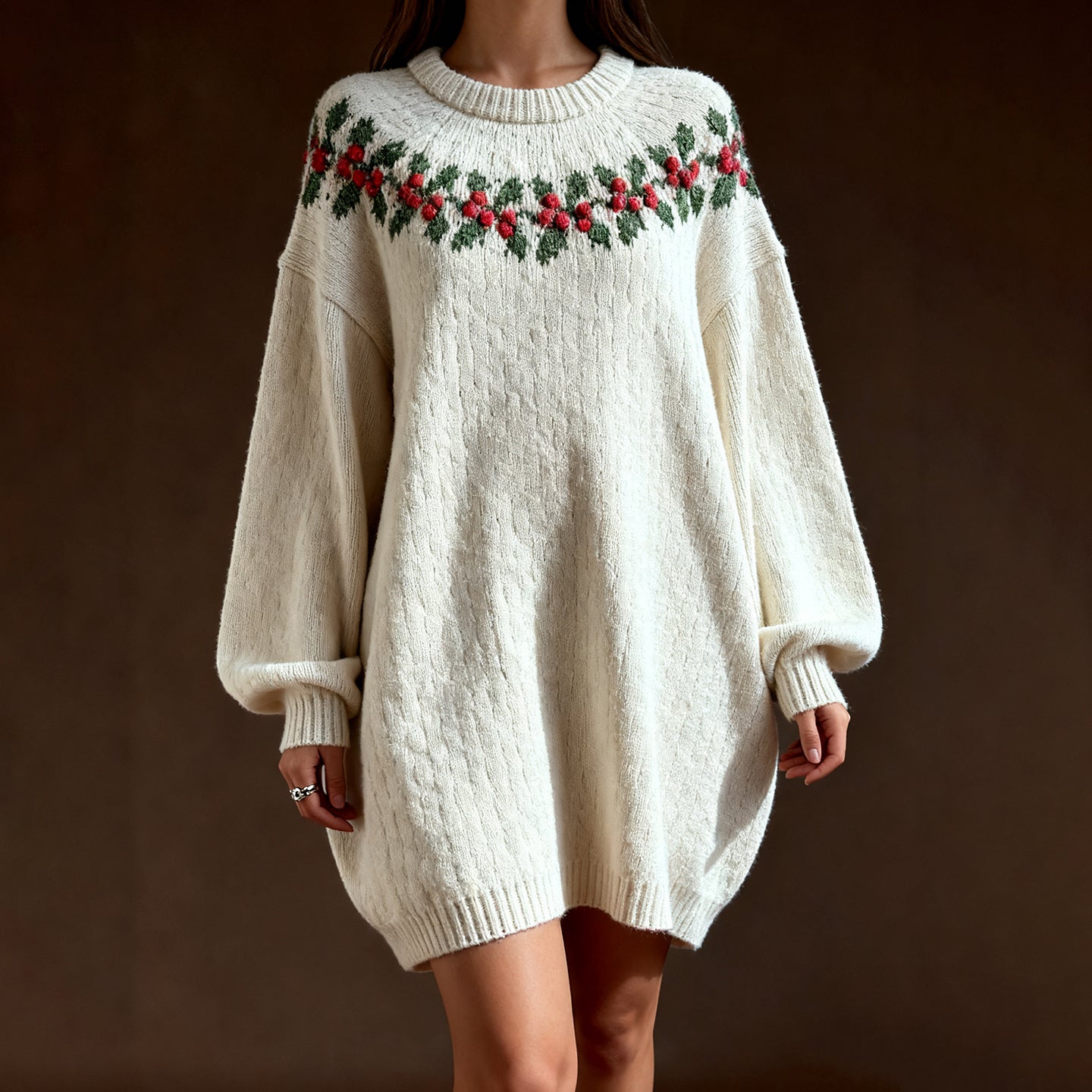 Christmas Holly Fairman Isle Print Knit Sweater Dress artswardrobe