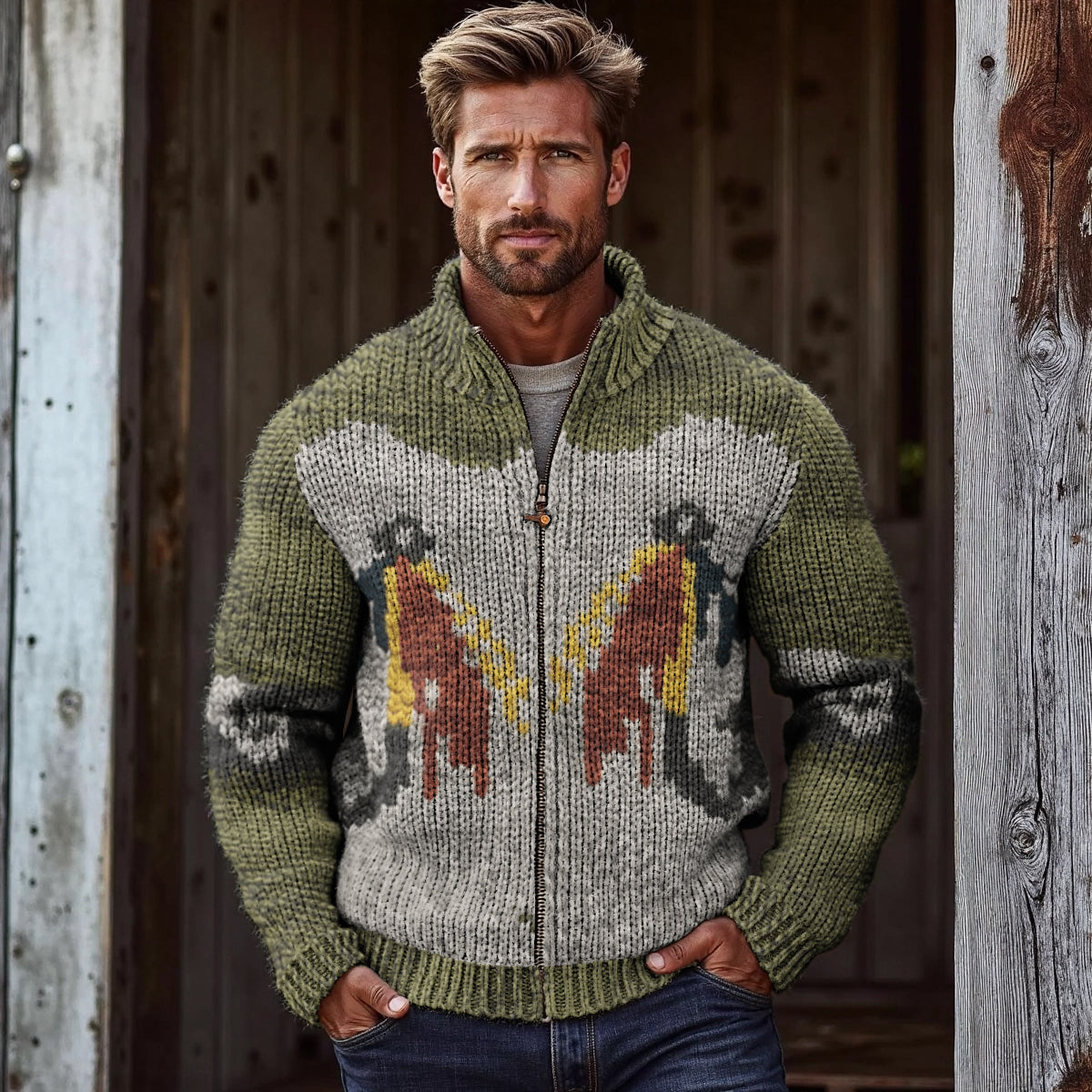 Men'S Outdoor Fisherman Jacquard Knit Zipper Sweater elevenforest