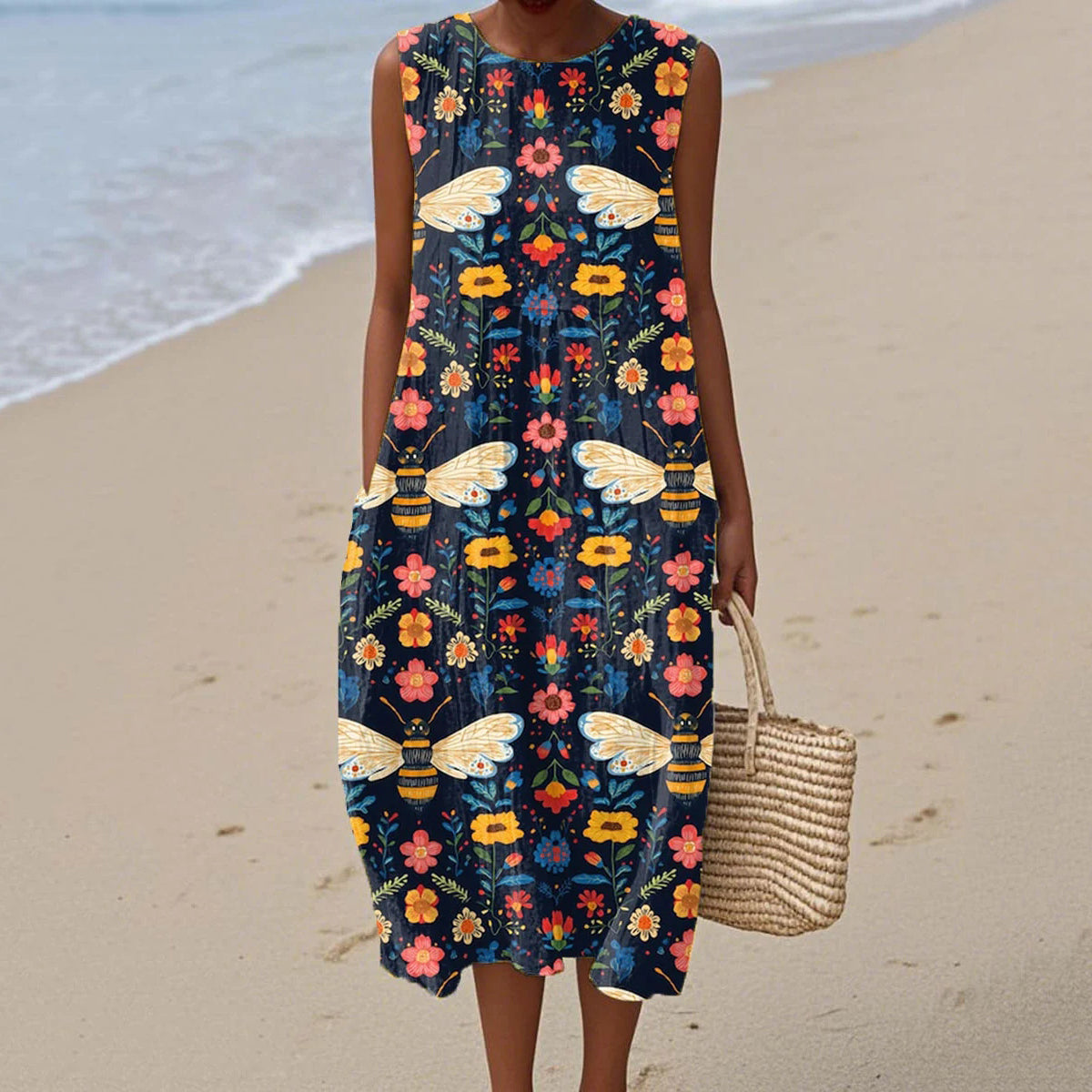 Women's Vintage Flowers Bee Art Print Linen Tank Dress elevenforest