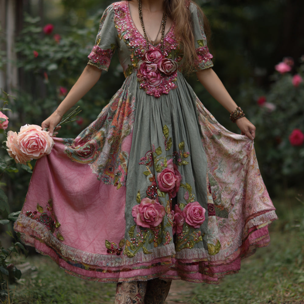 Bohemian Style Three-dimensional Pink Embroidered Rose With Sequin Embellishment, Color-blocked Vintage V-neck Short-sleeved Long Dress elevenforest
