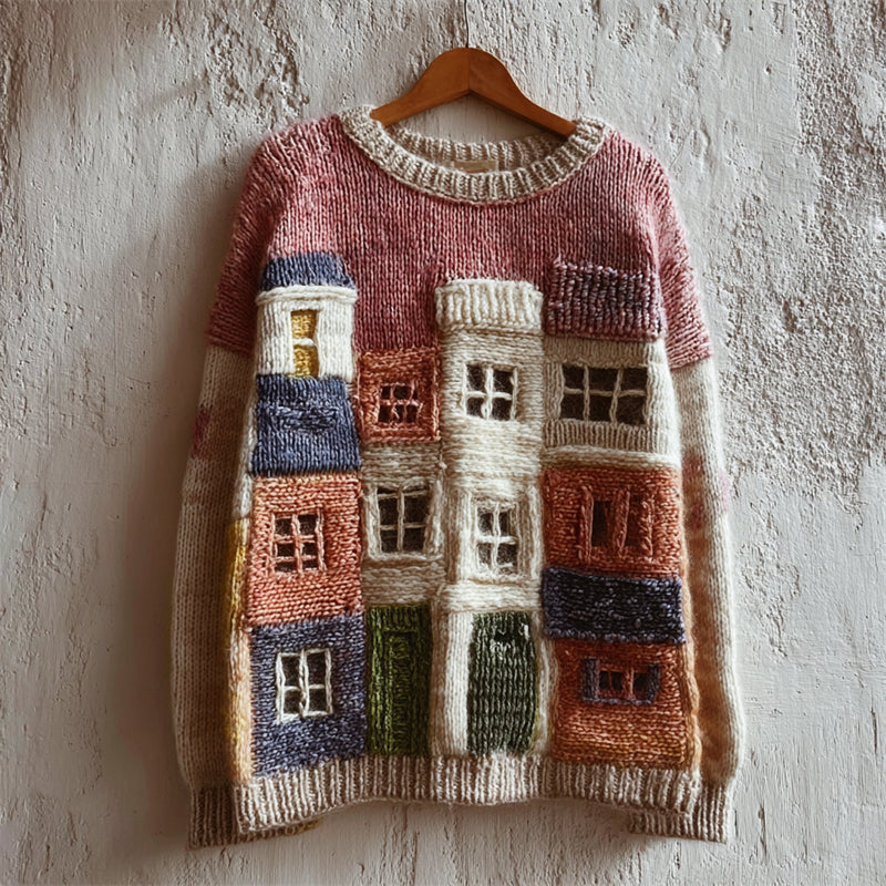 Vintage Cottagecore Buildings Colorblock Crochet Cozy Knit Sweater elevenforest
