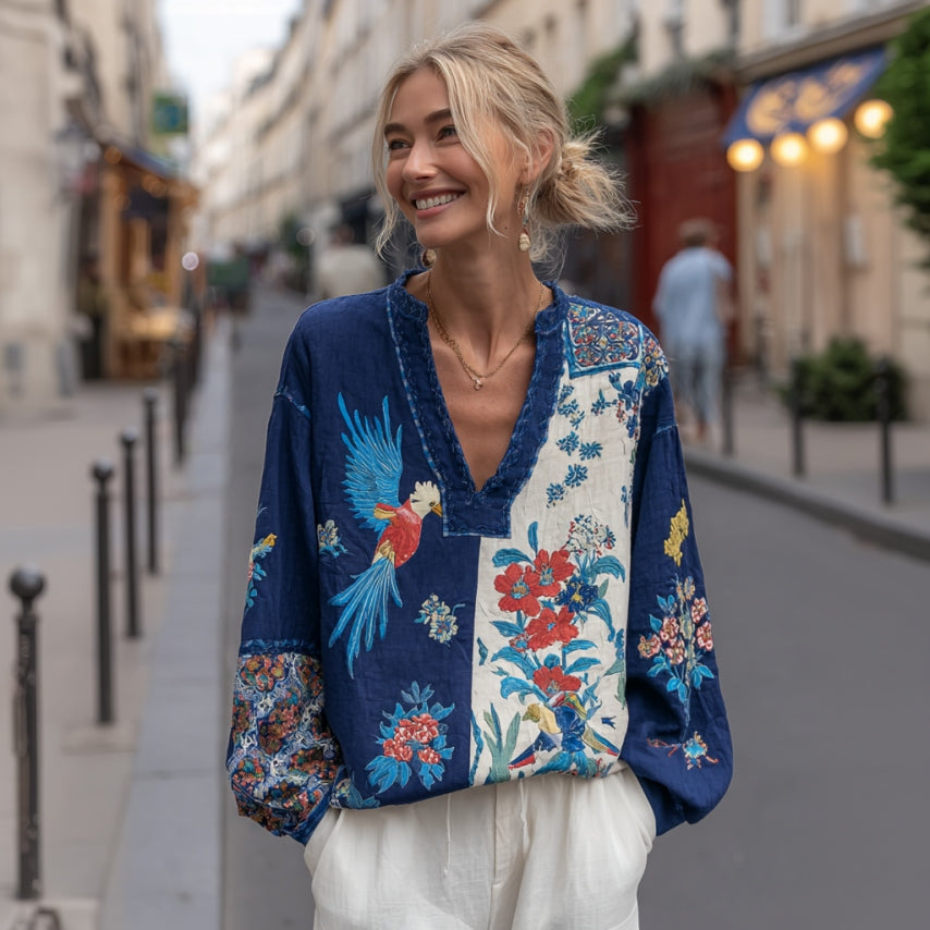 Women's Patchwork Art Floral And Bird Pattern Comfortable Top elevenforest