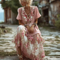 Women's Bohemian Style Retro Patchwork Plaid Skirt Rose Embroidery Dress elevenforest