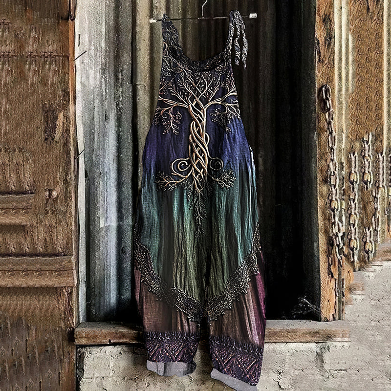 Vintage Viking Tree Of Life Celtic Gradient Art Linen Jumpsuit elevenforest