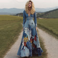 Women's Vintage Patchwork Cat Long Sleeve Denim Print Maxi Dress elevenforest