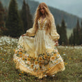 Women's Classic Yellow Floral Art Print V-neck Long Sleeve Maxi Dress elevenforest