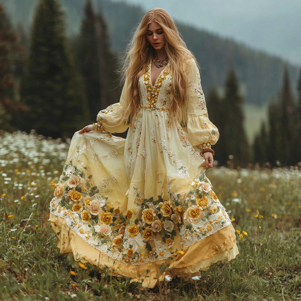 Women's Classic Yellow Floral Art Print V-neck Long Sleeve Maxi Dress elevenforest