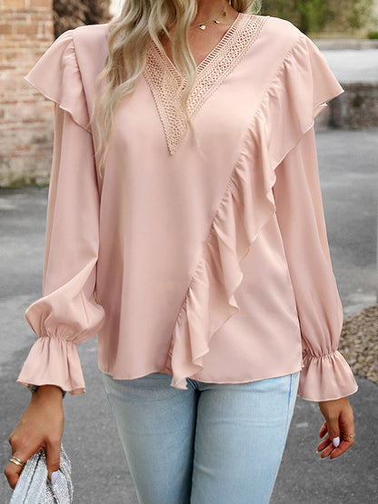 Long Sleeves Loose Asymmetric Hollow V-neck Blouses&shirts Tops