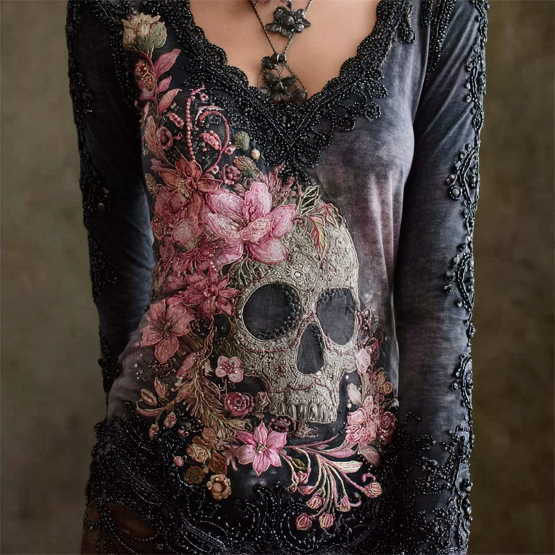 Skull & Pink Flowers Beaded V Neck Comfy T Shirt elevenforest
