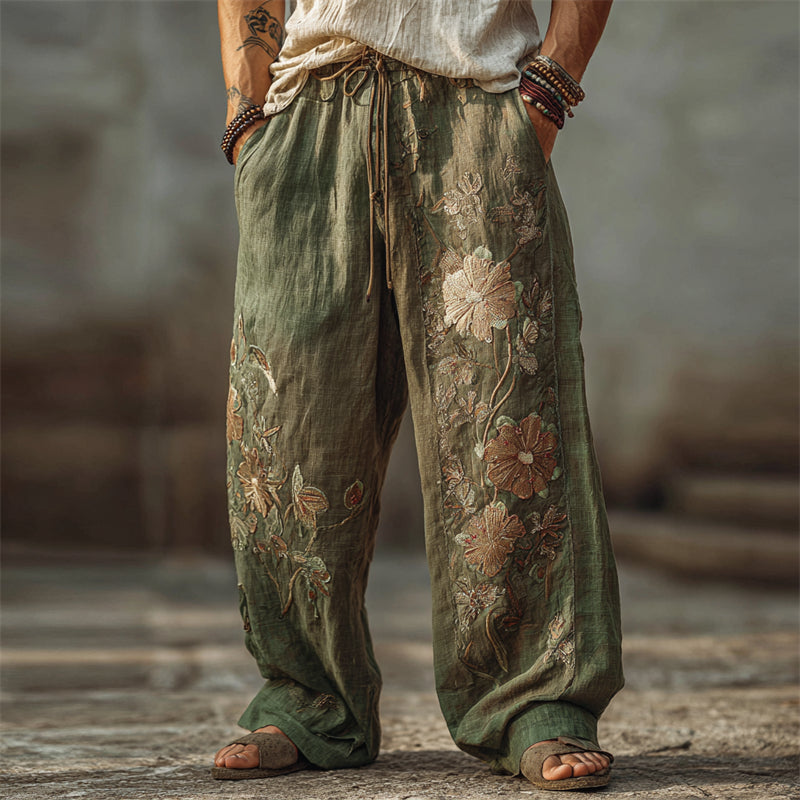 Men's Boho Floral Embroidered Wide Leg Linen Pants elevenforest