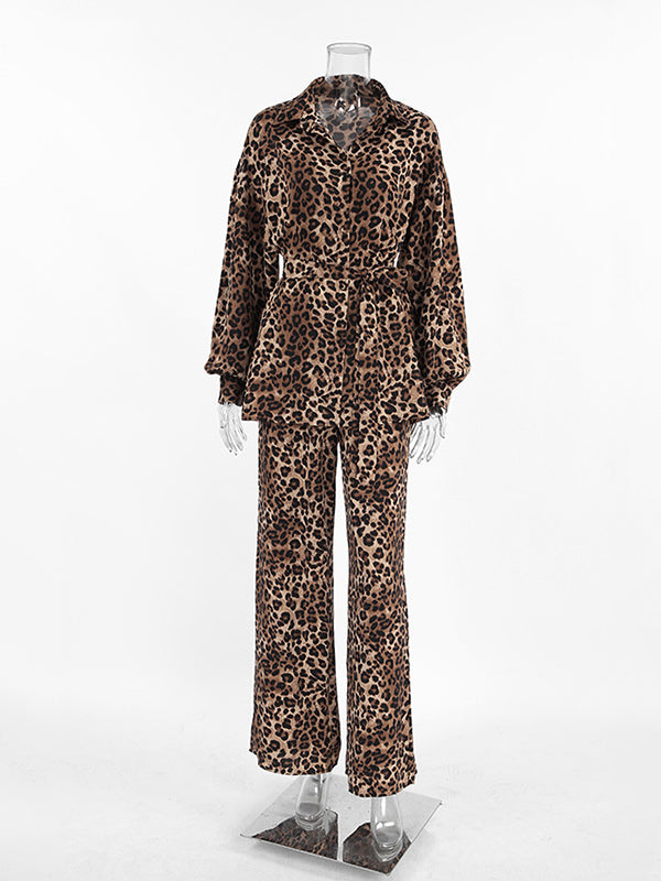 Loose Leopard Split-joint Lapel Long Sleeves Tied Waist Blouse + Elasticity Pants Trousers Two Pieces Set