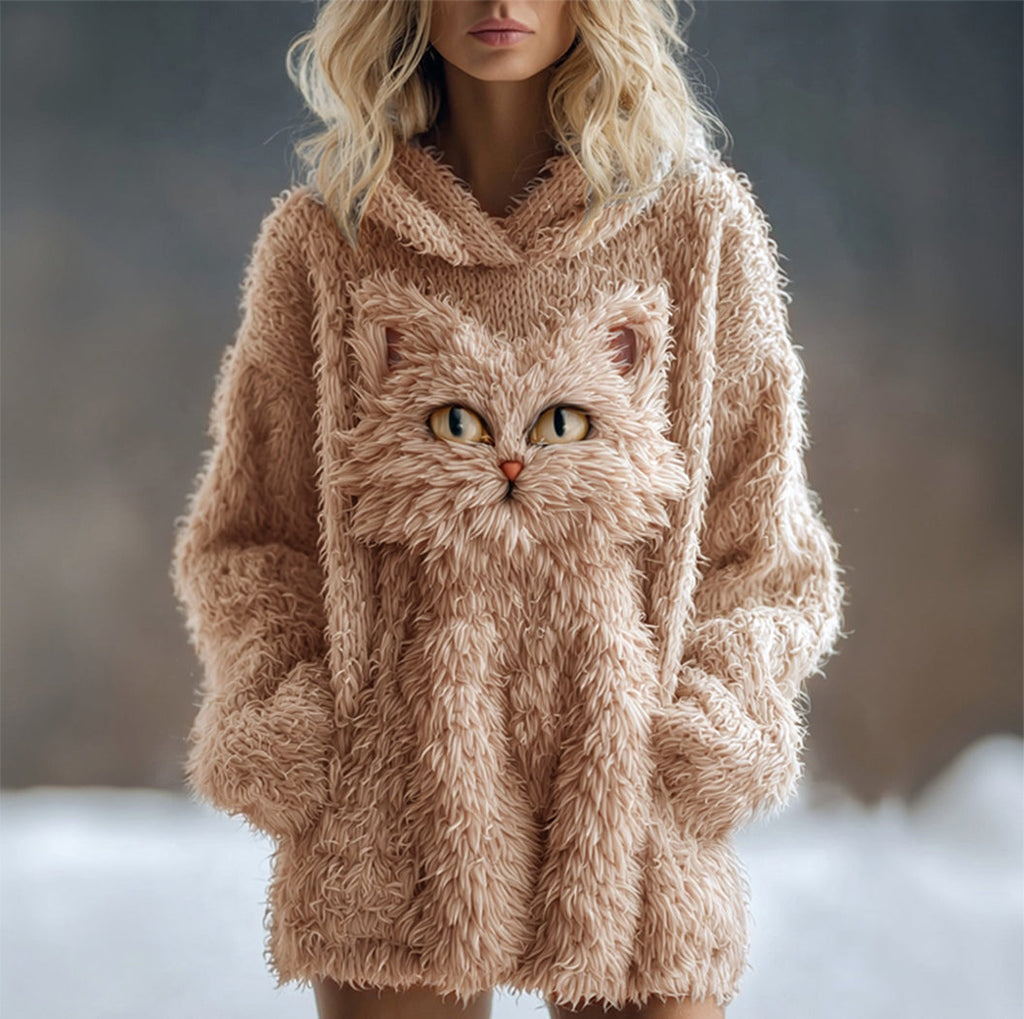 Comstylish Cute Fuzzy Cat Embroidered Soft Hooded Sweater