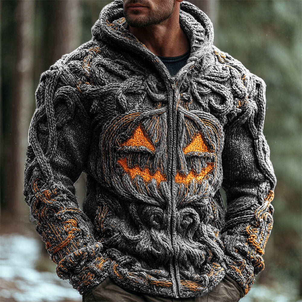 Halloween Pumpkin Emoji Men's Chunky Knit Full Zip Hooded Sweater elevenforest