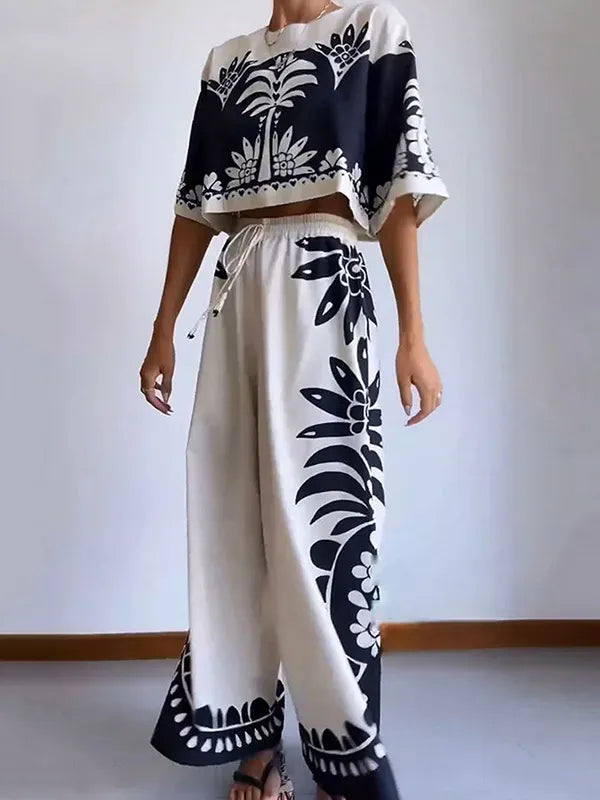 Loose Printed Round-neck T-shirts + Drawstring Elasticity High Waisted Pants Trousers Two Pieces Set