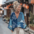 Vintage Japanese Traditional Sashiko And Wave Patchwork Art Print Linen Tops elevenforest