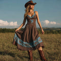 Vintage Western Horse Print V-neck Suspender Midi Dress elevenforest