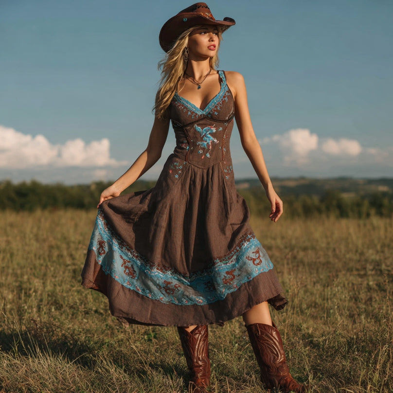 Vintage Western Horse Print V-neck Suspender Midi Dress elevenforest