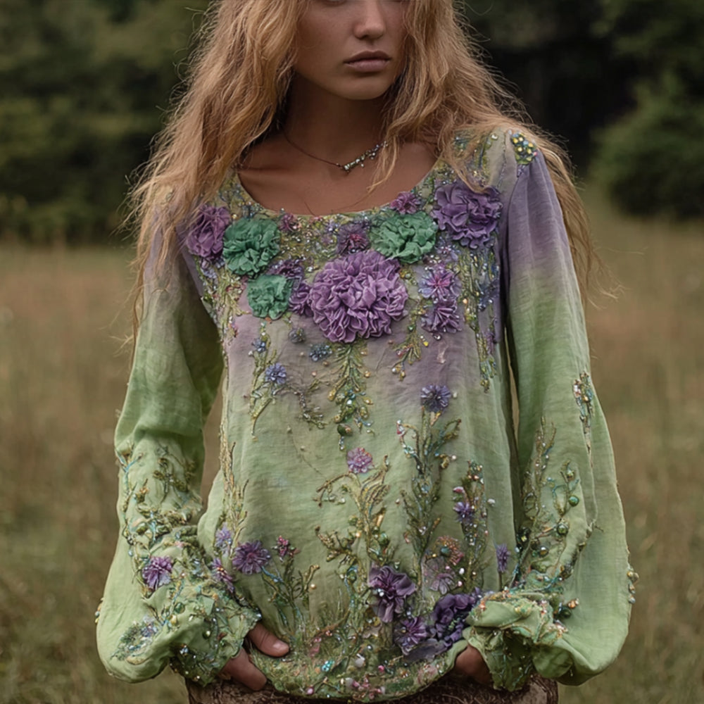 Bohemian Style Embroidered Plant Round Neck Long Sleeve Casual Vintage Top elevenforest