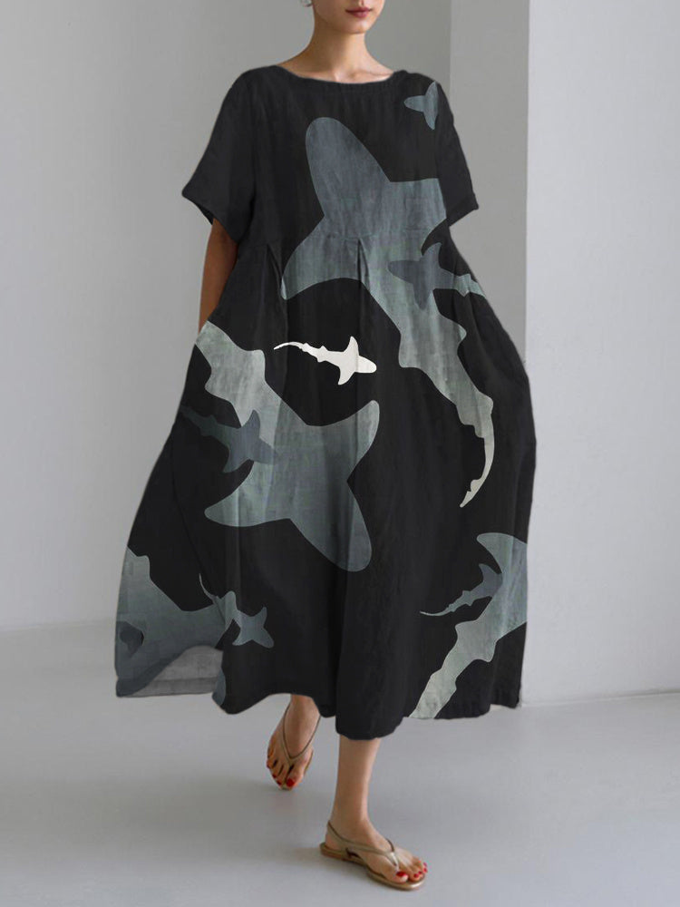 Comstylish Shark Pattern Women's Linen Maxi Dress