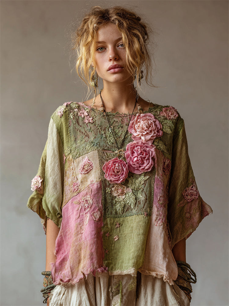 Vintage Pink Roses Cottagecore Patchwork Linen Tunic elevenforest
