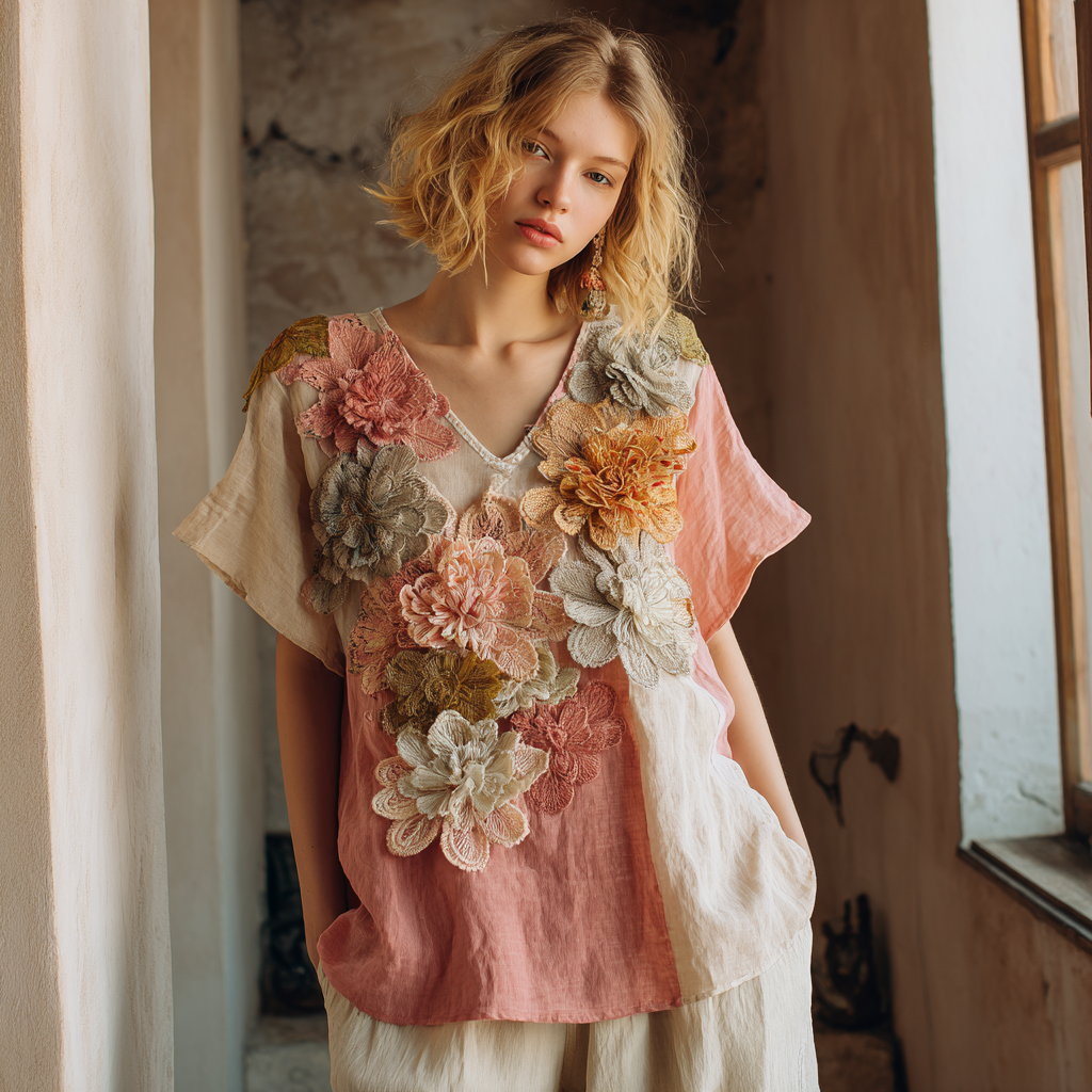 Women's Retro Floral Gradient Pattern V- Neck Short Sleeve T-shirt elevenforest
