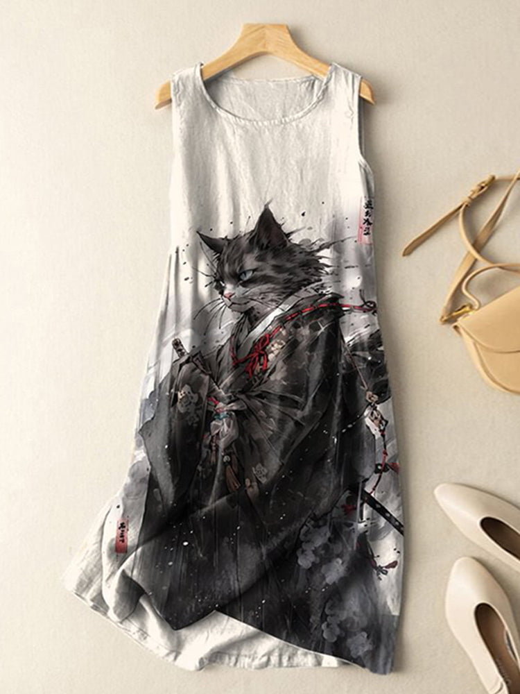 Vintage Japanese Cat Samurai Ink Art Print Sleeveless Cotton And Linen