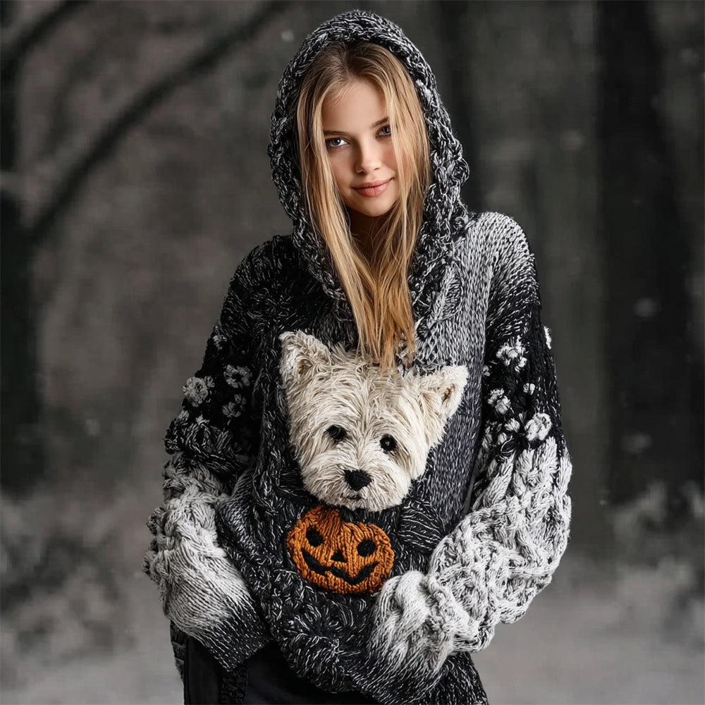 Comstylish Halloween Cairn Terrier Dog & Pumpkin Art Women's Hooded Sweater