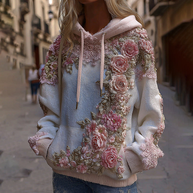 Women's Vintage Pink Floral Embroidery Art Comfy Hoodie elevenforest