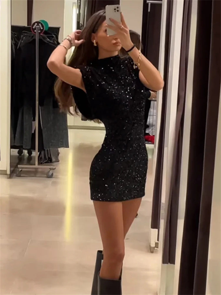 Tossy Sequin Sleeveless Mini Dress for Black Slim Patchwork Glitter Party Dress Gown ’s Dress New