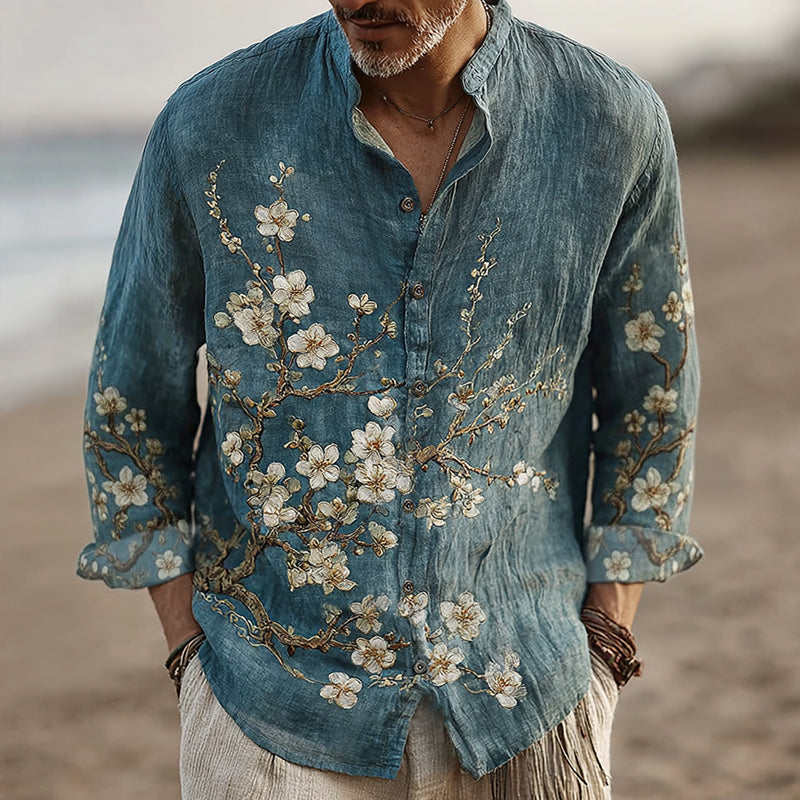 Men's Vintage Floral Art Comfy Linen Shirt elevenforest