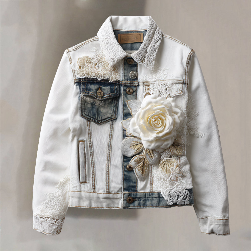 Women's Bohemian Style White Rose Patchwork Denim Jacket elevenforest