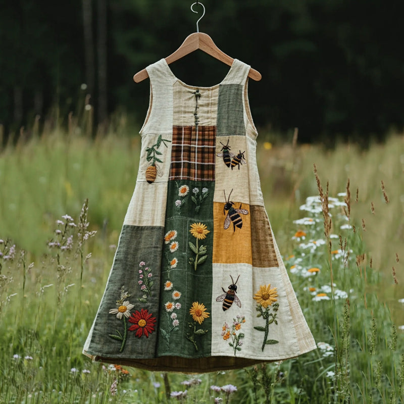 Women's Vintage Bee And Plaid Art Print Sleeveless Dress elevenforest