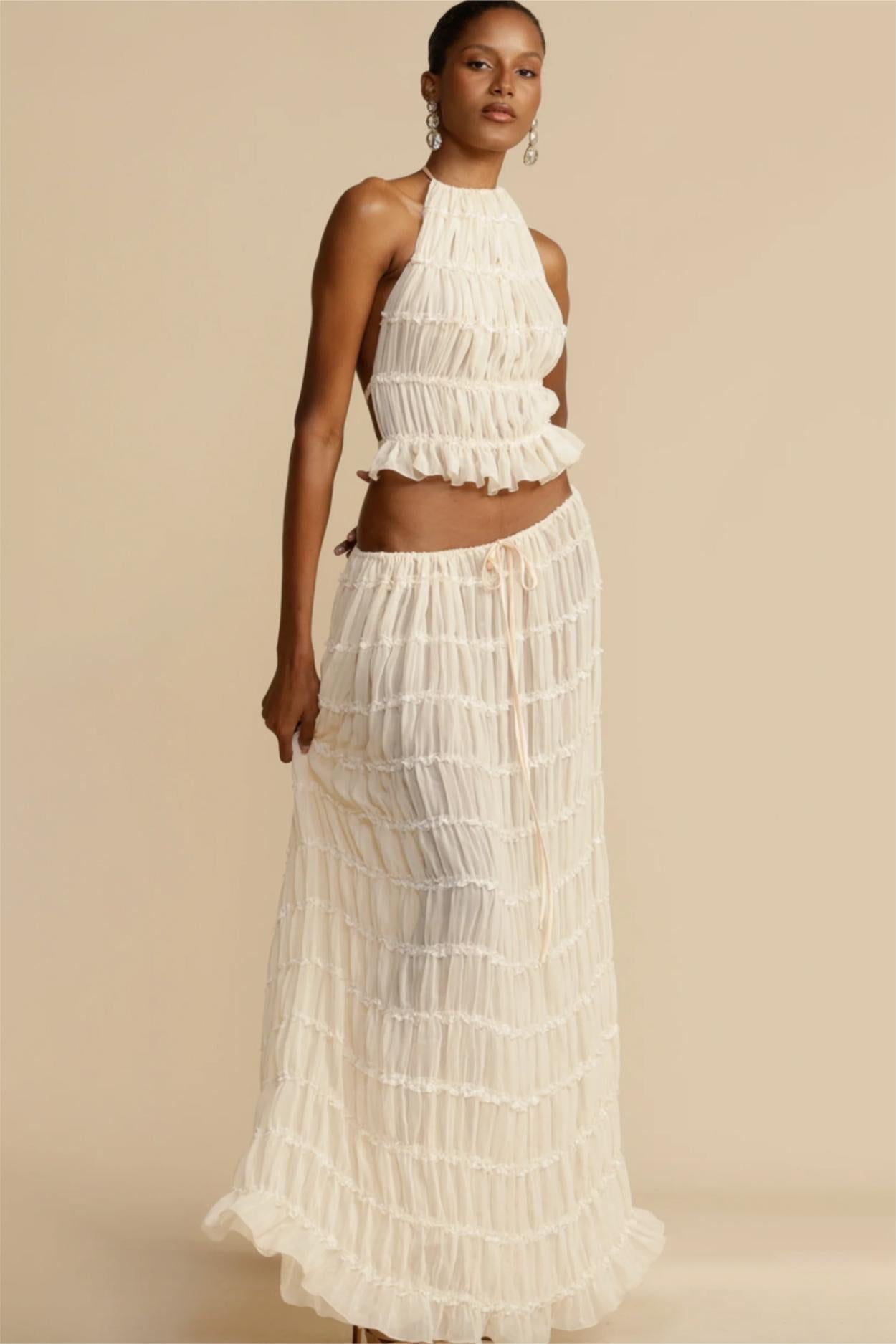 Smocking Halter Neck Backless Top ?mid Waist Maxi Skirt Set
