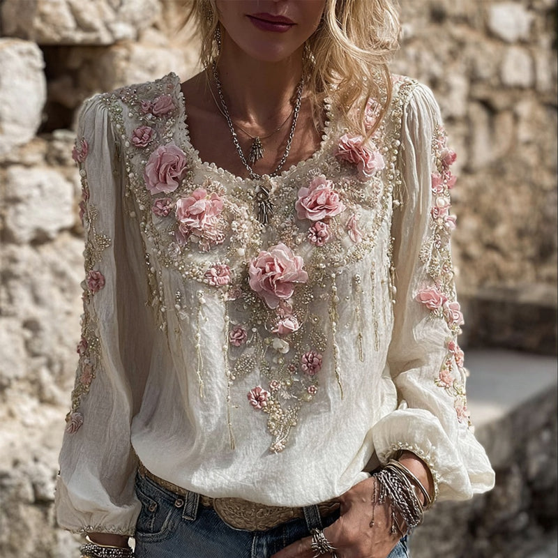 Vintage Pink Flowers Embroidered Cozy Linen Tunic elevenforest