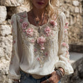 Vintage Pink Flowers Embroidered Cozy Linen Tunic elevenforest