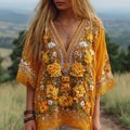 Women's Classic Bohemian Yellow Floral Embroidery Art Linen Blend T-shirt elevenforest