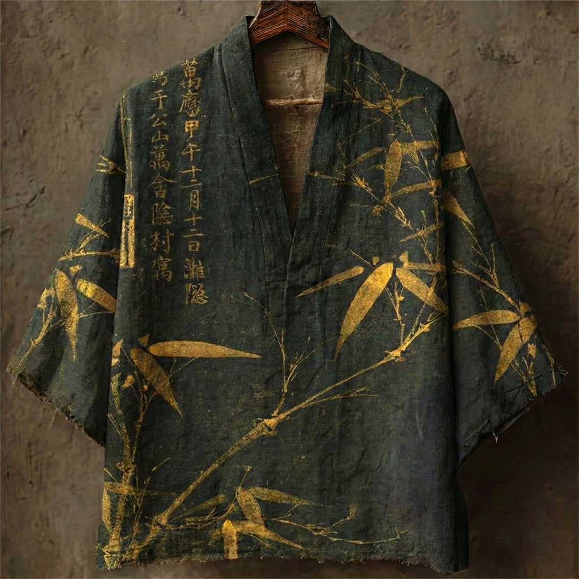 Men's Retro Bamboo Calligraphy Art Print Casual Linen Kimono elevenforest